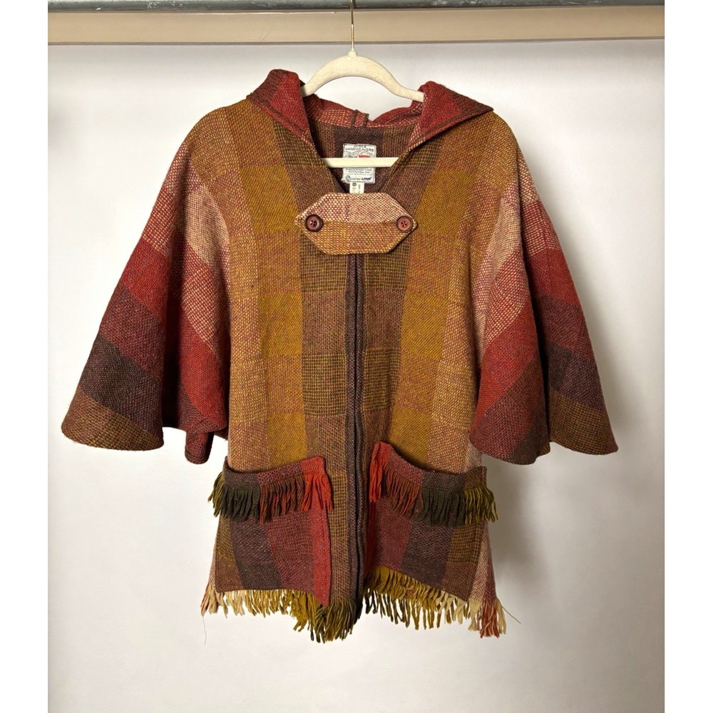 Vintage Avoca Handweavers Ireland Pure Wool Plaid Hooded Cape Poncho Fringe boho